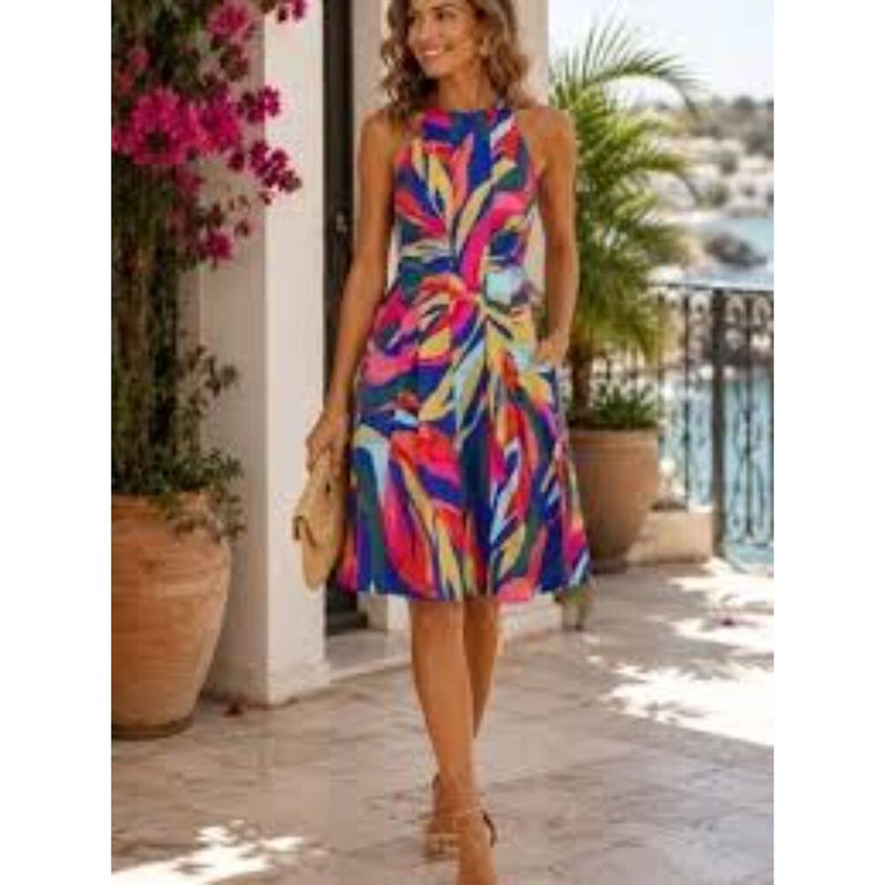 Vince Camuto Women's Dress Halter Fit & Flare Abstract Tropical Print Zip